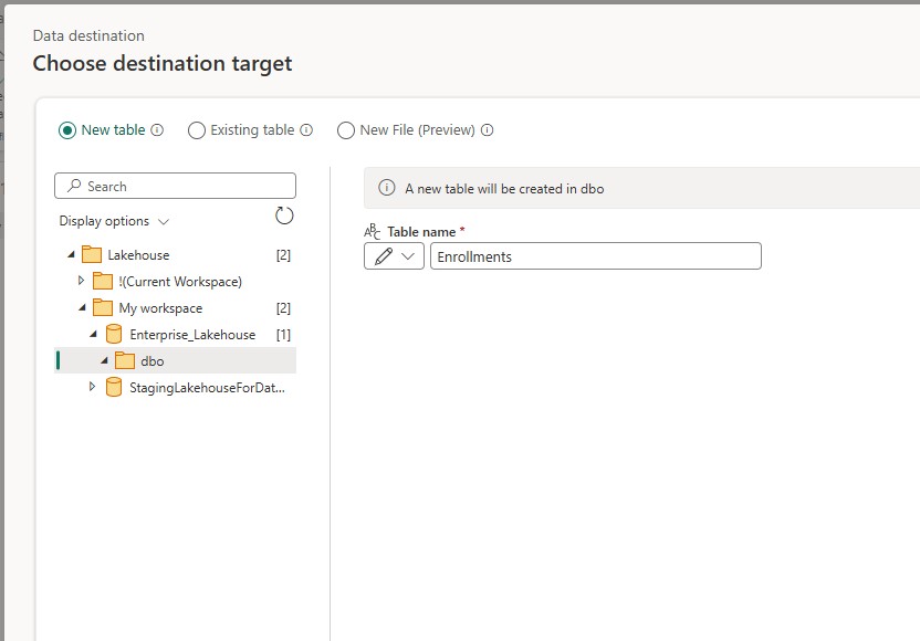 Microsoft Fabric Dataflow Gen2 Lakehouse destination configuration
