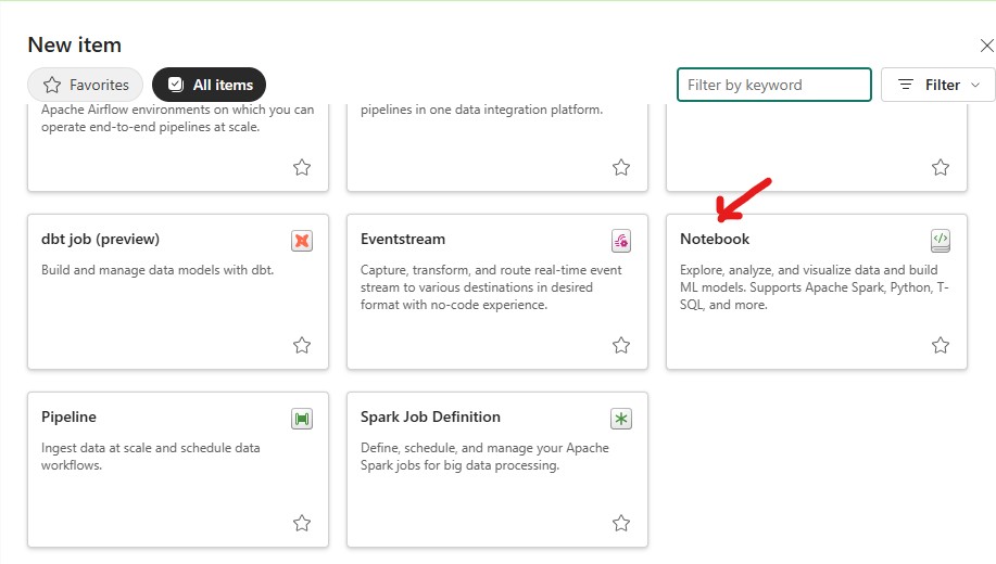 Microsoft Fabric notebook creation interface