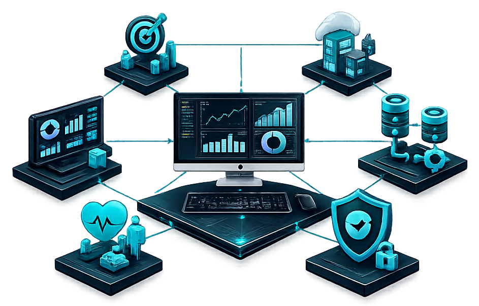 Workstation surrounded by six connected data services